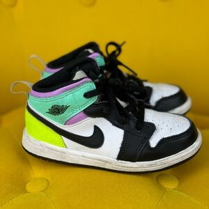 Nike Air Jordan 1 Mid TD Size 9C Pastel Black Volt Green Glow shoes.
